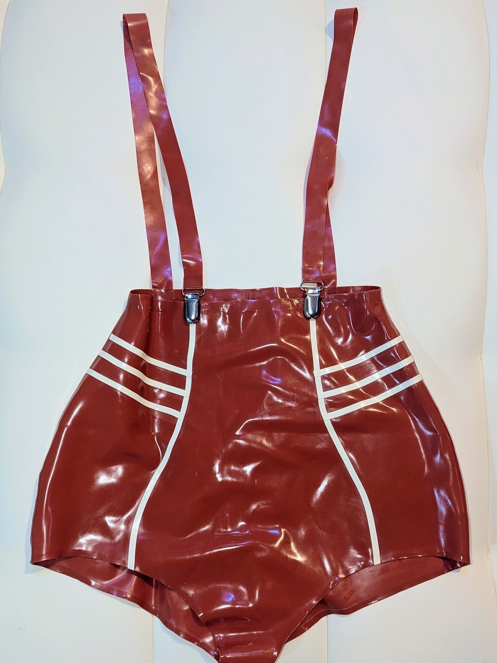 Red High-Waist Latex Shorts with Suspenders